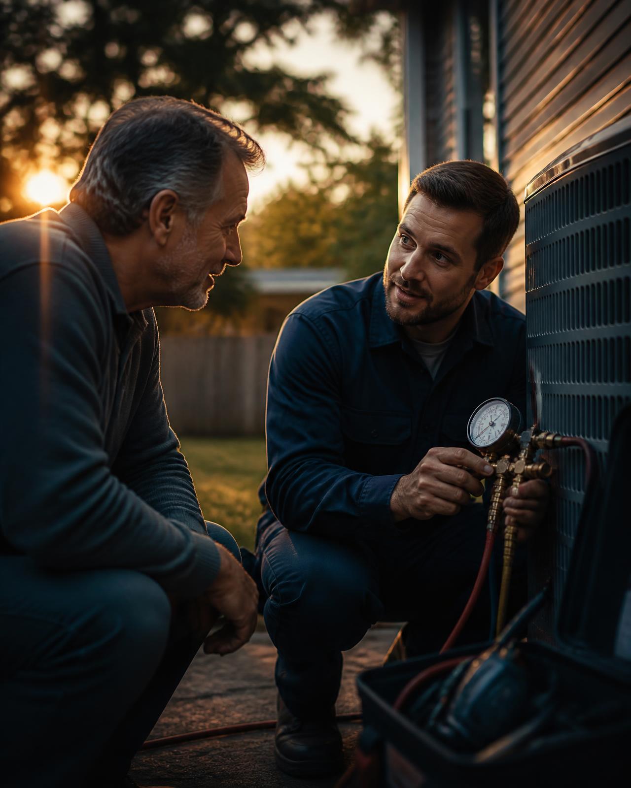 An HVAC technician at golden hour showing a gauge reading to a relieved homeowner beside an outdoor condenser unit